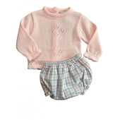 Sardon Baby Girl Pale Pink Knitted Top and Tartan Shorts